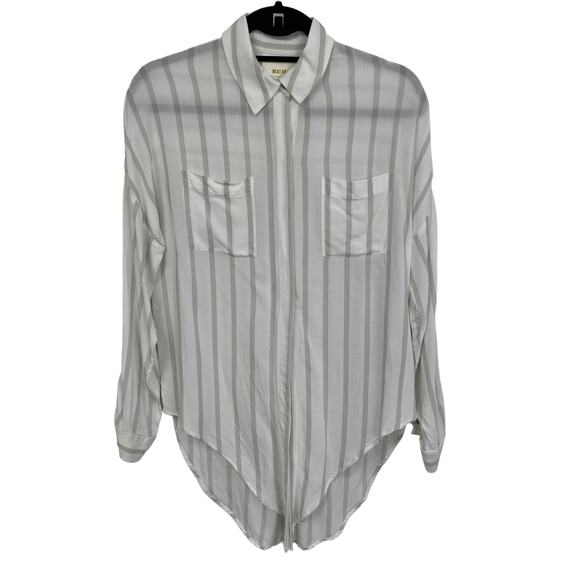 Anthropologie Maeve Long Sleeve Button Front Tunic Top Gray White Striped XS - Picture 1 of 6
